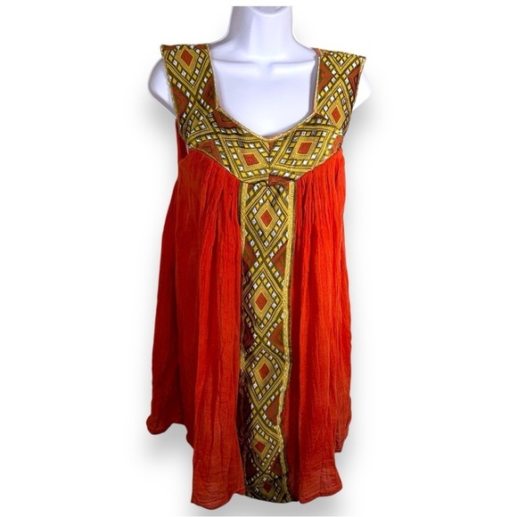 MEDIUM BOHO TRIBAL TOP WOMENS TUNIC TOP ORANGE GOLD EMBROIDERED - Picture 1 of 7